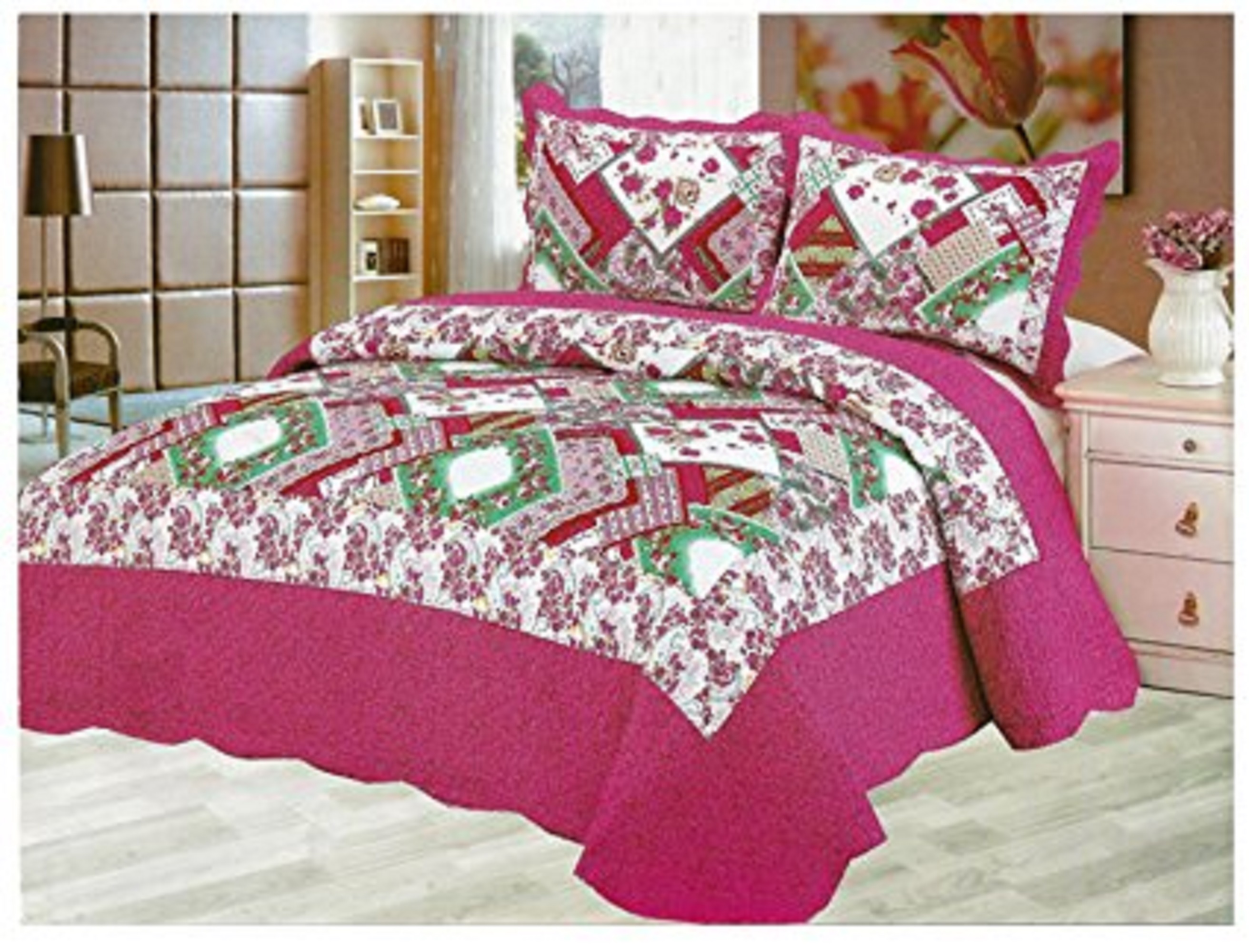 3 Piece 100 Cotton Quilt Set Printed Quilted Bedspread Queen Pink 9030