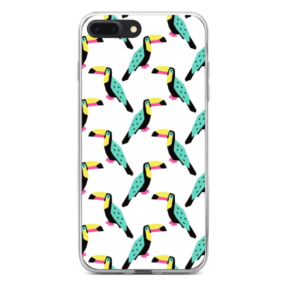 DistinctInk Clear Shockproof Hybrid Case for iPhone 7 PLUS / 8 PLUS (5.5" Screen) - TPU Bumper, Acrylic Back, Tempered Glass Screen Protector - Summer Graphics - Toucan Pattern - Teal