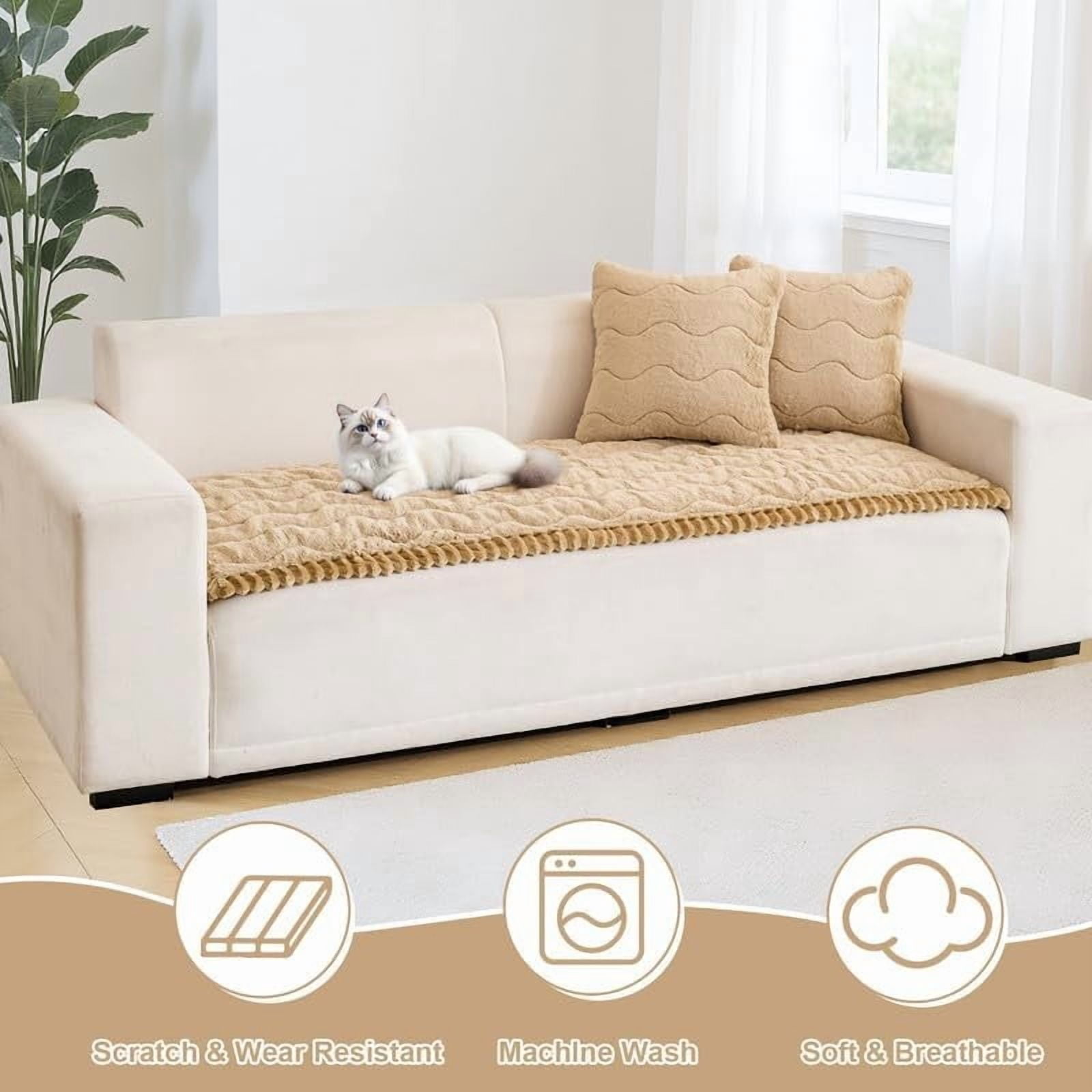Topchances Fuzzy Couch Covers, Faux Mink Wavy Sofa Slipcover Mat for Pets,  Anti-Slip Furniture Protector Pet Bed Mat for Dogs Cats (Light Coffee, 28''x59'')