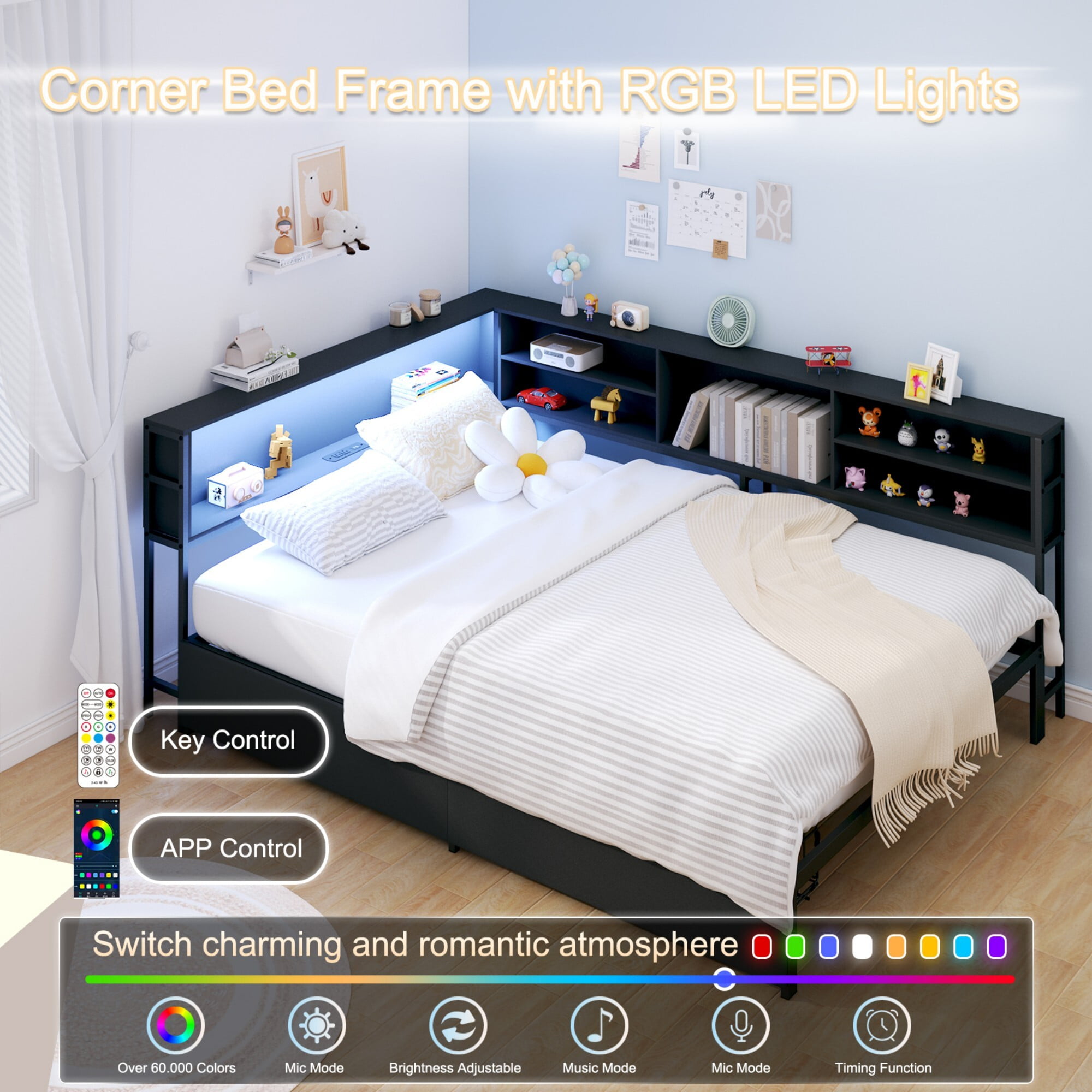 AENKYO Full Size Corner Bed Frame with Charging Station, Smart LED Lights, Bookshelf Headboard & 2 Drawers, Black