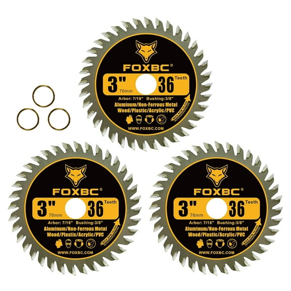3 Inch Carbide Circular Saw Blade 36 Tooth for Wood, Plastic, PVC, Acrylic, Aluminum with 7/16" Arbor, 3/8" Bushing - 3 Pack
