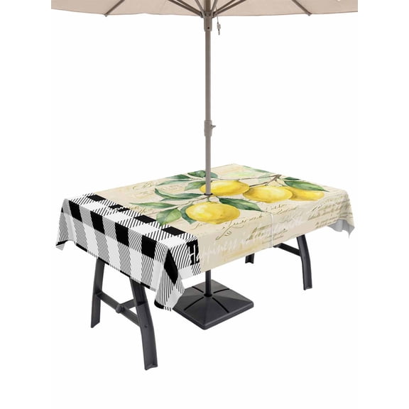 Outdoor Tablecloth with Umbrella Hole for Patio/Picnic/Party/Camping, Yellow Lemons Waterproof Table Cloth Rectangle Table Cover Washable, Summer Botanical Fruit Buffalo Lattice (52"x 70")