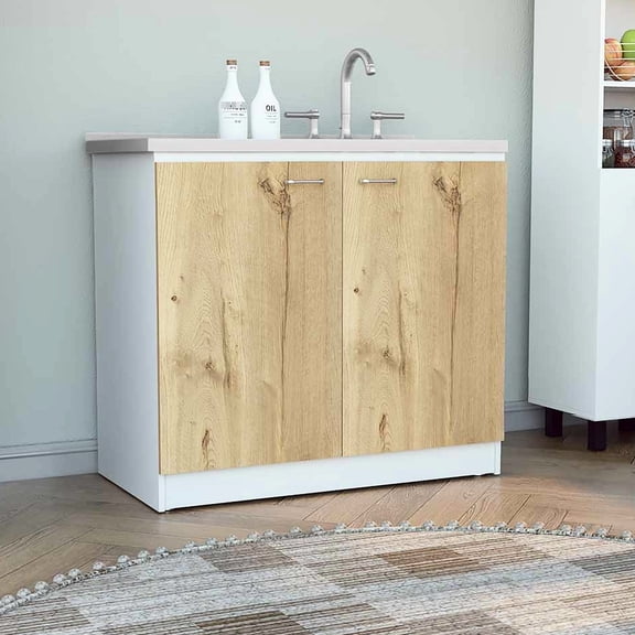 Practical Kitchen Sink Cabinet With Stainless Steel - Double Door One Shelf White / Oak Simple And Quick Installation Method Modern Freestanding Door, Effortless Assembly