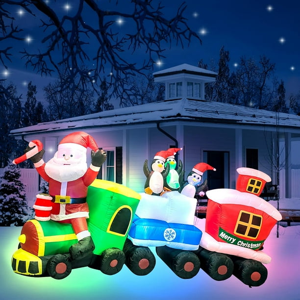 Christmas Inflatable Decoration 8ft Long Train, Christmas Blow up Santa Train Decor with Lights