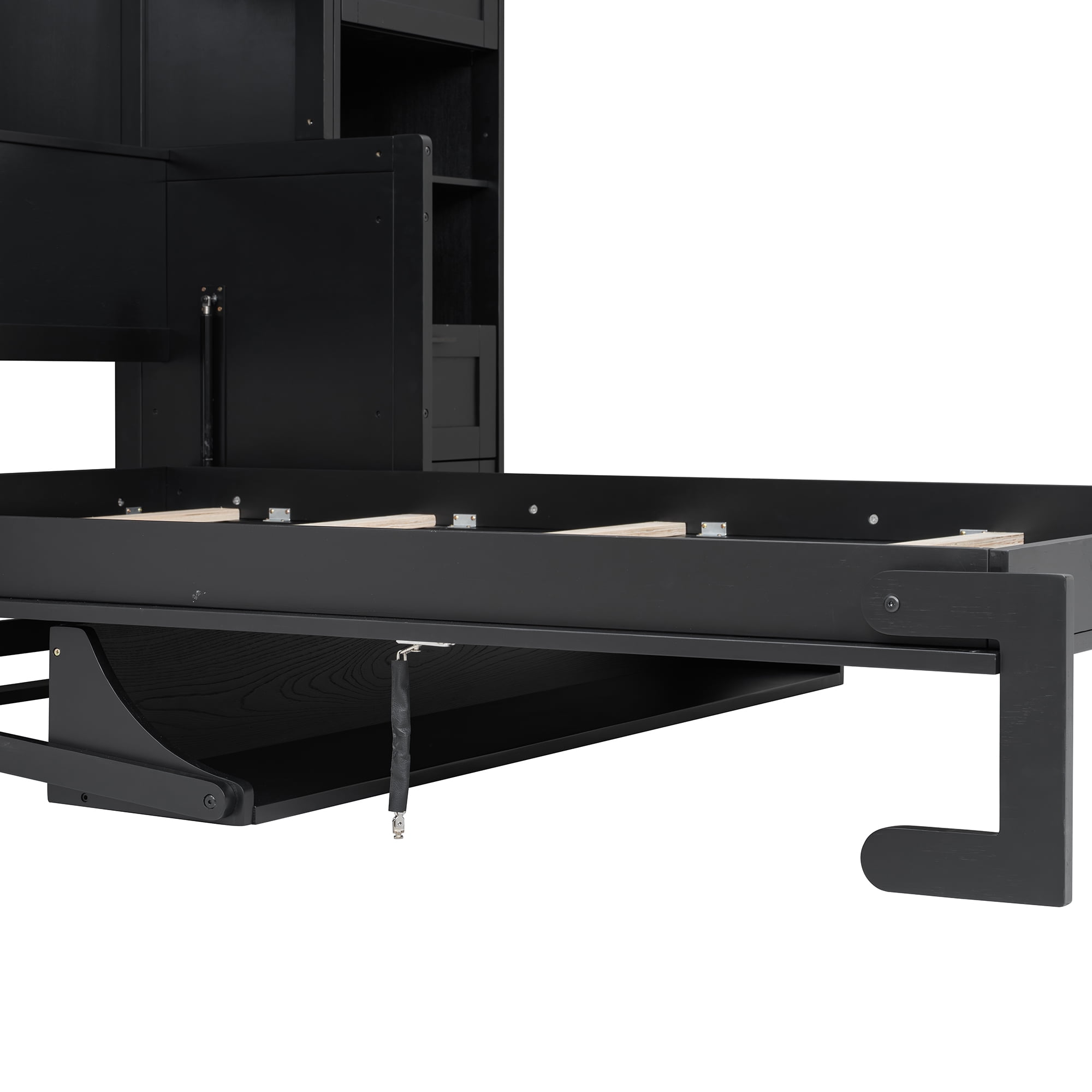 Queen Size Murphy Bed with 2 Closet, 4 Drawers and Open Shelves for Small Space, Guest Room