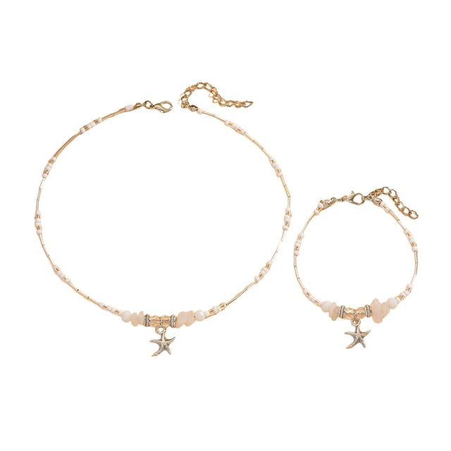 Conjunto de 2 collares y pulseras para mujer, con decoración de perlas de imitación, diseño geométrico, longitud ajustable, color oro rosa