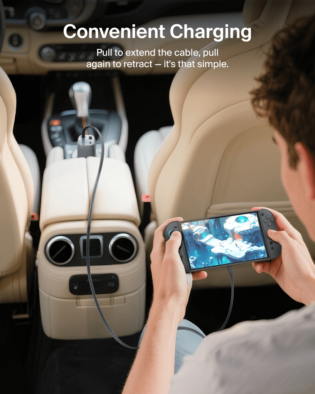 Retractable Car Charger 75W with 75cm/30 in. retractable USB-C cable charges smartphones and most laptops.