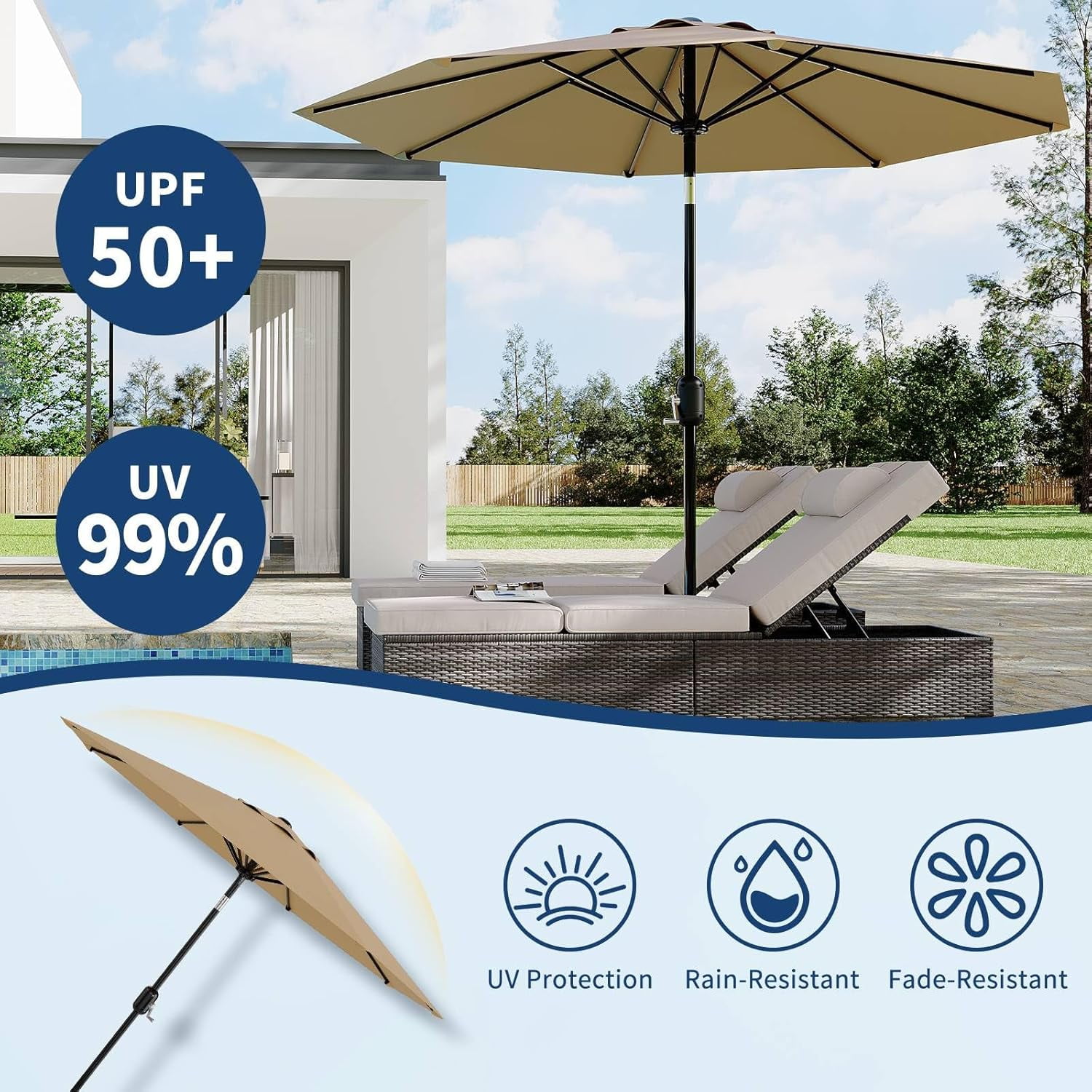 Home Outdoor 10ft Patio Umbrella, Table Umbrella Patio with Crank Lift & Push Button Tilt, 8 Sturdy Ribs Table Umbrella, Market Umbrella Sturdy Ribs UV Protection Waterproof for GardenYard, Deck, Pool