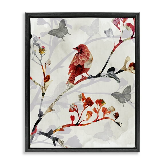 Stupell Industries Patterned Birds on Branches Landscape & Nature Painting Black Floater Framed Canvas Art Print Wall Art, 17 x 21
