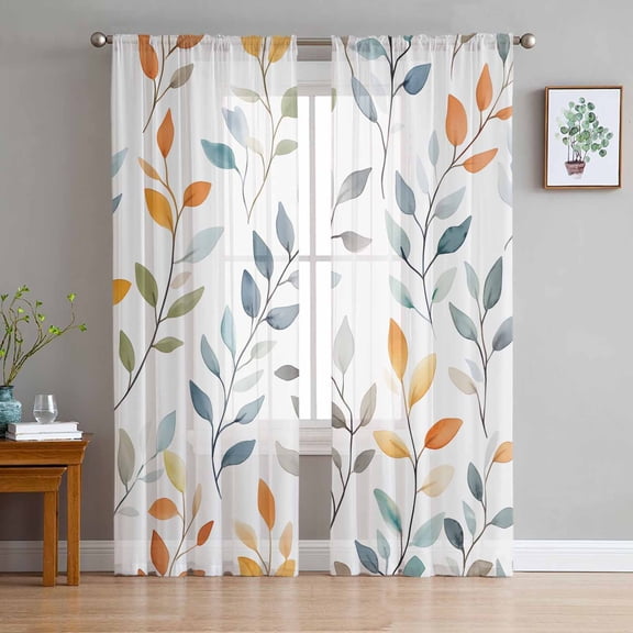 Colorful Leaf Sheer Curtains 96 Inch Length 2 Panels Set for Living Room/Bedroom, Pastoral Spring Botanical Summer Semi Curtain Sheers Drapes Rod Pocket Curtains Window Treatment Set 52''x96''x2