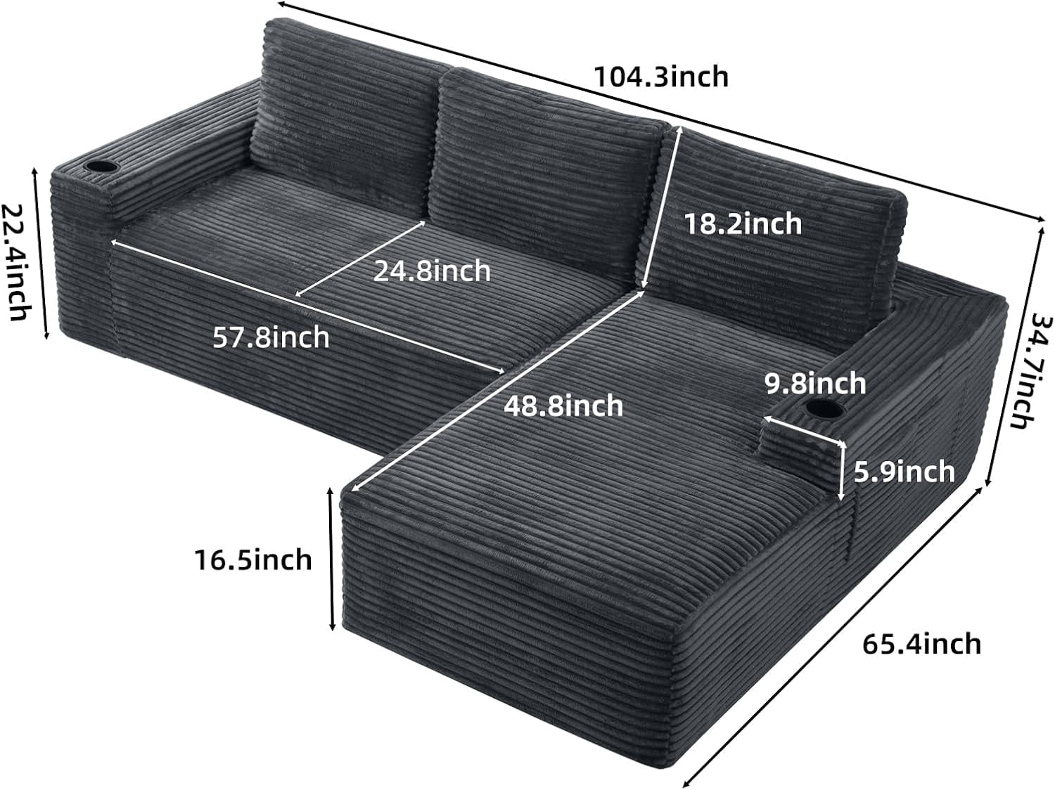 104" Cloud Modular Sectional Sofa, Corduroy Boneless L-Shape Chaise Couch with Deep Seat for Living Room Bedroom, No Assembly Required