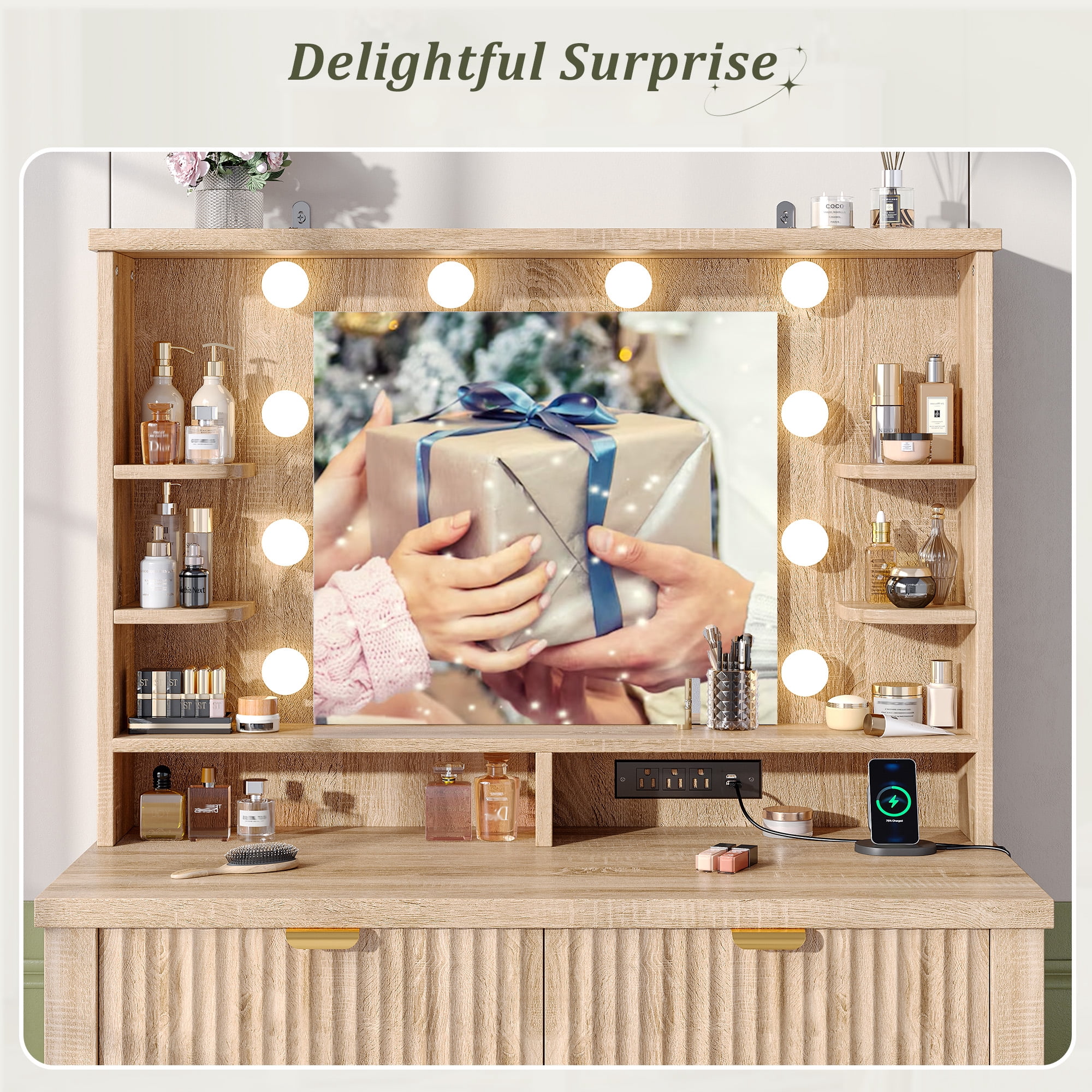 Vanity Desk with Storage Stool Fluted Dressing Table with Mirror and 3-Color Lights Vanity with 2 Large Drawers & Charging Station, Wood Color