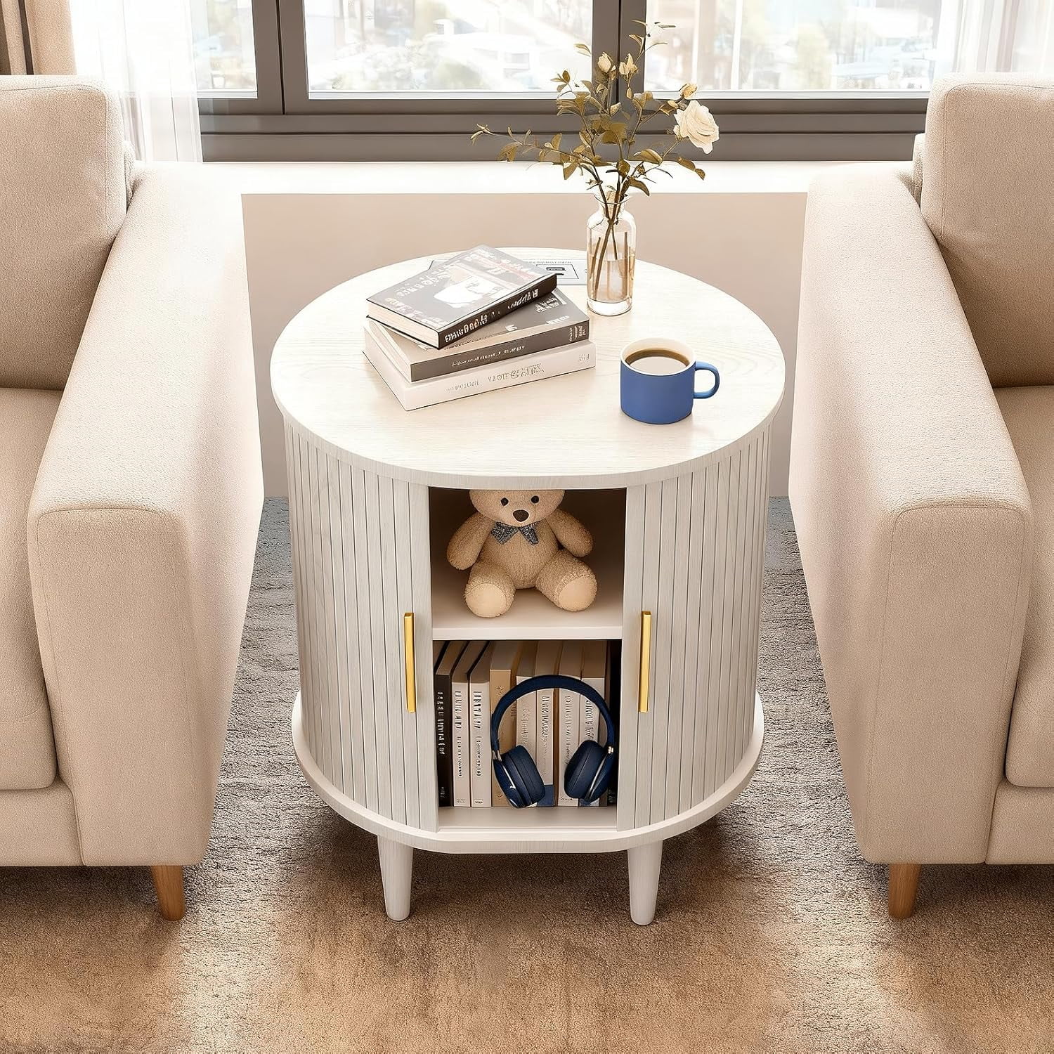 1-Piece Nightstand Set with Charging Station Mid-Century Modern, White Fluted Side Tables with Sliding Door & Adjustable Shelf, Space-Saving End Table for Bedroom, Living Room