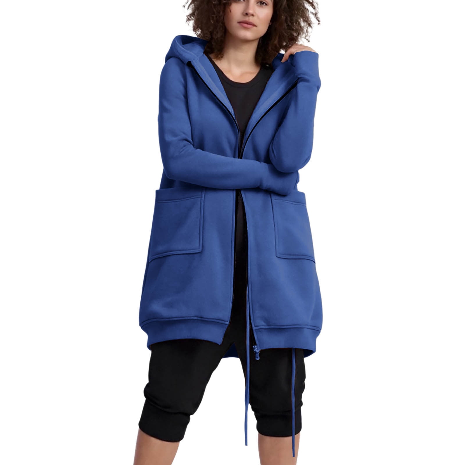 Maxi Hoodie with Thumb Holes Sevevn Women's Solid Color Jacket Fleece Casual Zipper Long Sleeve Pocket Hooded Long Sweater Blue L