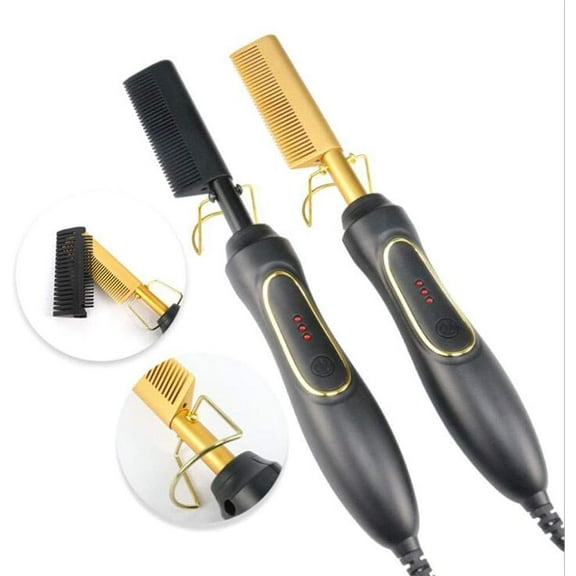 Hot Comb Hair Straightener, AC110V Flat Irons Straightening Brush Heating Comb Hair Curler Comb Beard Straightener for Women and Men (Black Gold)
