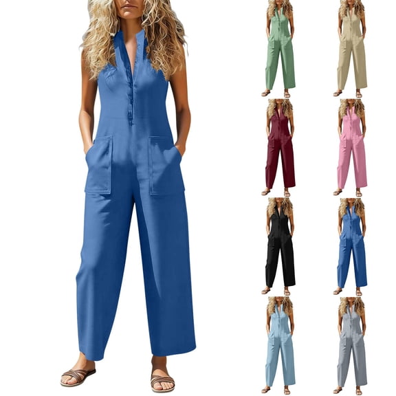 Women's Casual Linen Jumpsuit Pants, Cotton Solid Color Button Pocket, Elastic Waist Straight Leg, Loose Fit Trousers for Women, Business Casual Lounge Summer, Lightweight Soft