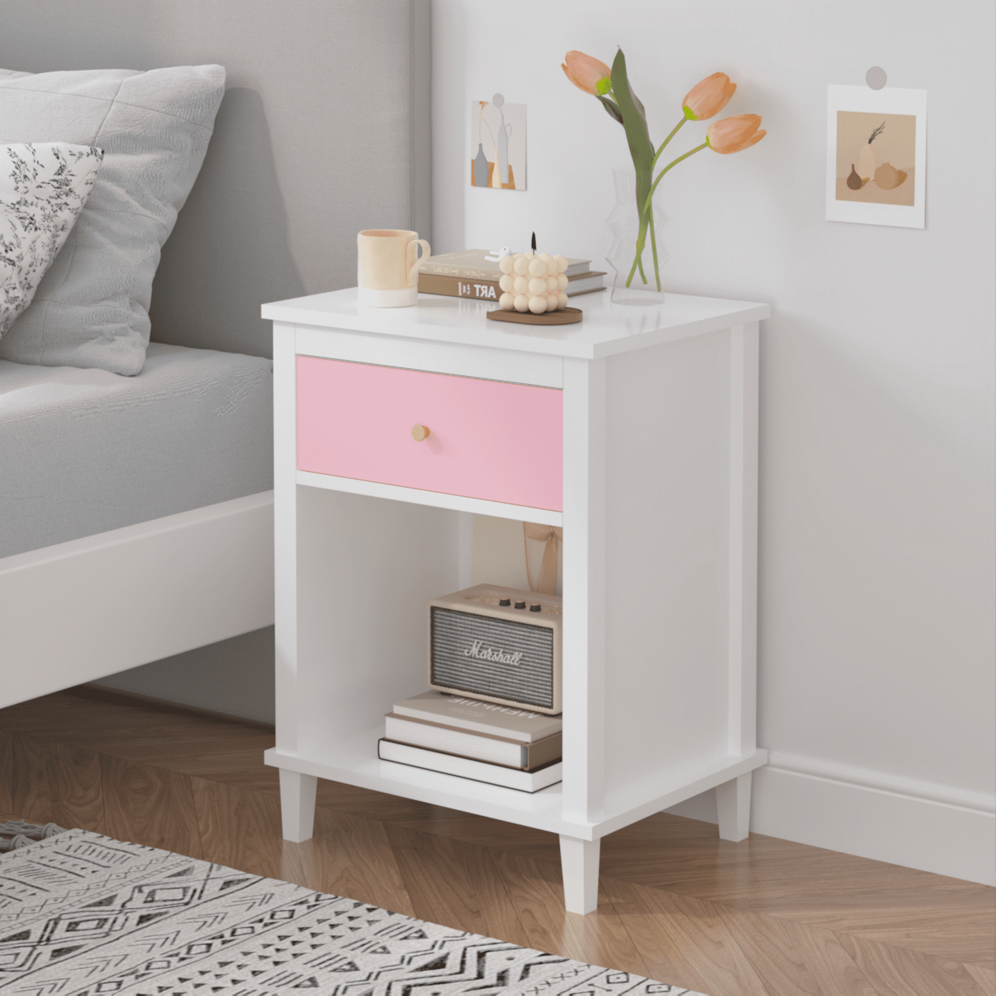 26.77''H Wooden Nightstand with One Drawer One Shelf for Kids, Adults, Pink+Golden handle
