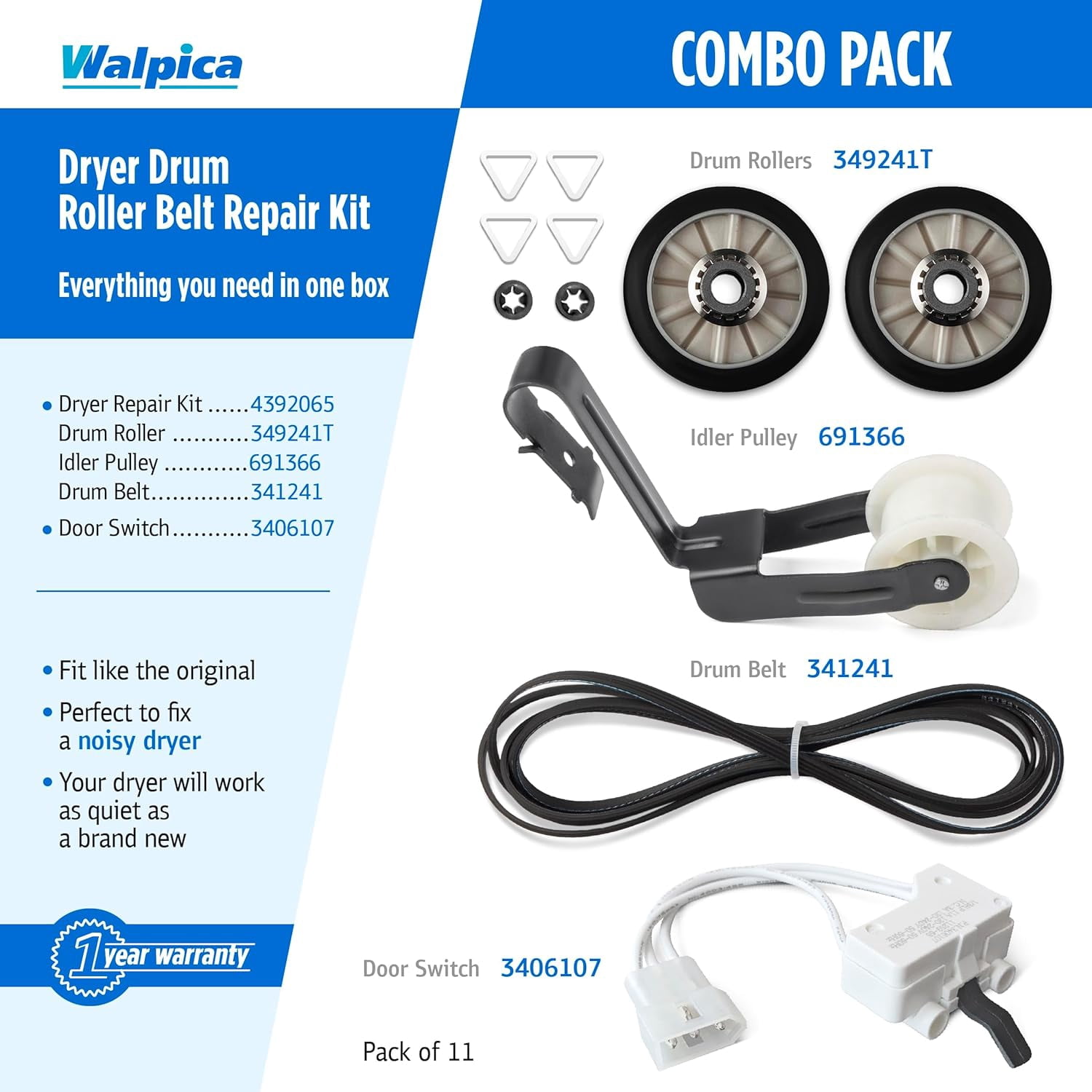 4392065 341241 Dryer Belt Repair Kit 349241T 8066065 3406107 Idler Pulley Drum Roller Replacement for Whirlpool Kenmore Dryer Parts Model 110 Series Maytag Centennial Amana Parts