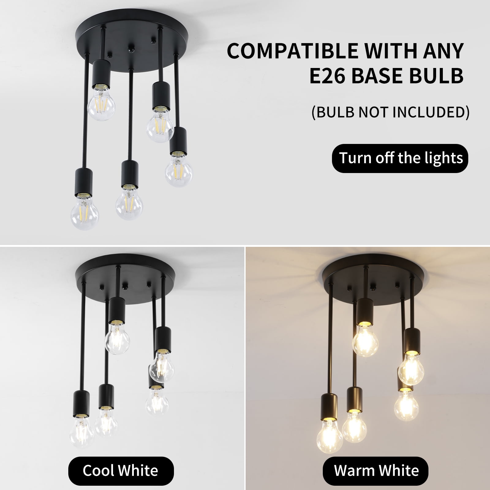 HALIGATE 5-Light Farmhouse  Ceiling Light Semi Flush Mount for House, Black Hallway Light Fixtures Kitchen Ceiling Light Fixtures for Living Room Foyer, E26 Base