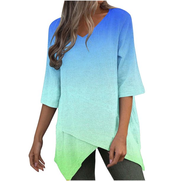ICHUANYI Liquidación Dobladillo irregular con cuello en V, manga 3/4, suelto, estampado informal para mujer ICHUANYI WER202308231589