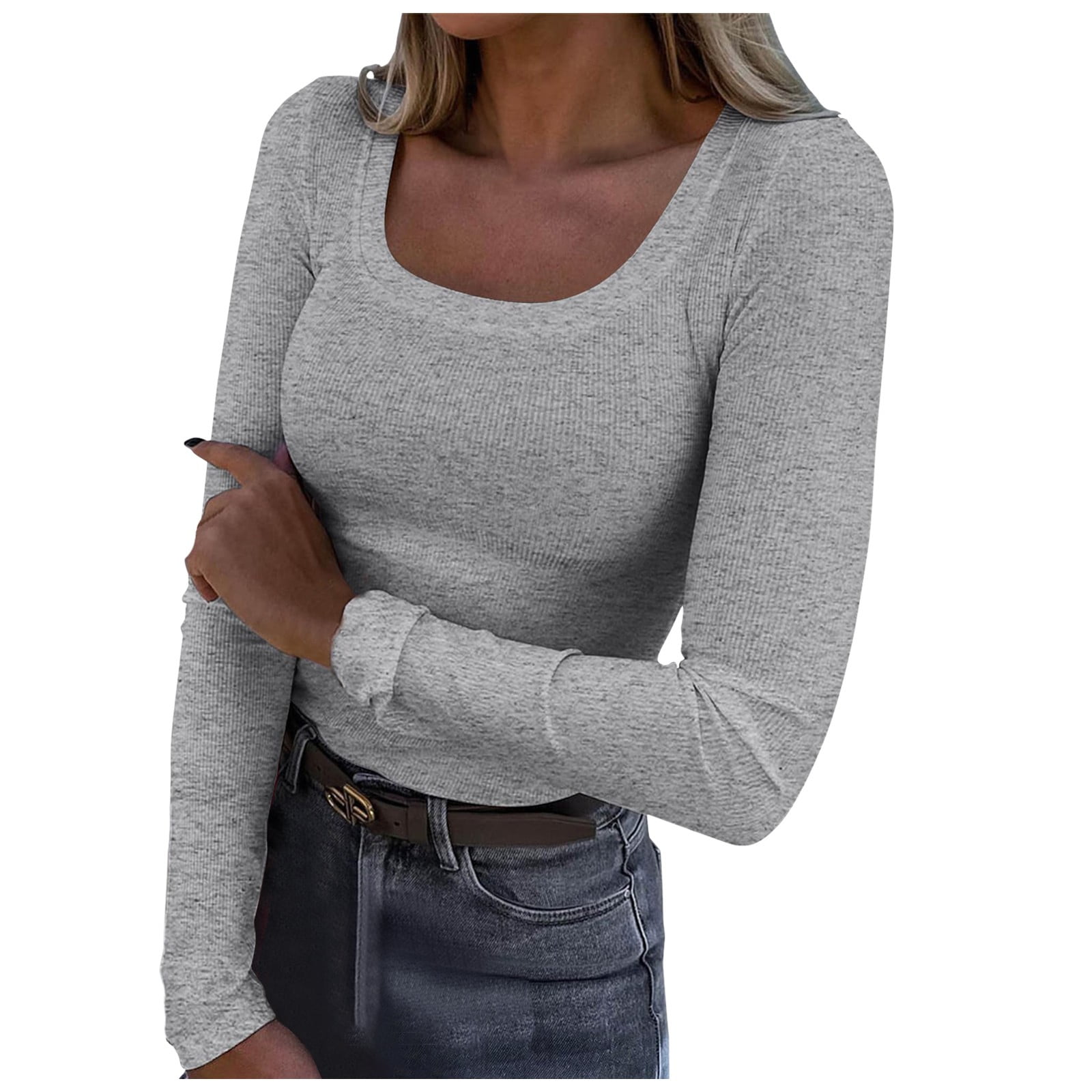 WEIYLL Summer Tops for Women U Neck Lace Long Sleeve Loose Solid Grey Blouse Sizes L