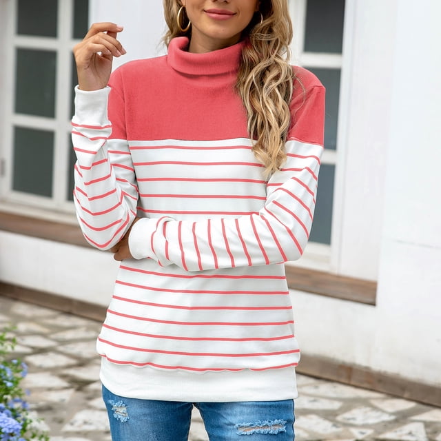EGNMCR Pull Col Roulé pour Femmes, Pulls pour Femmes Mode Rayé Col Montant Manches Longues Pull Tops Pull pour Femmes