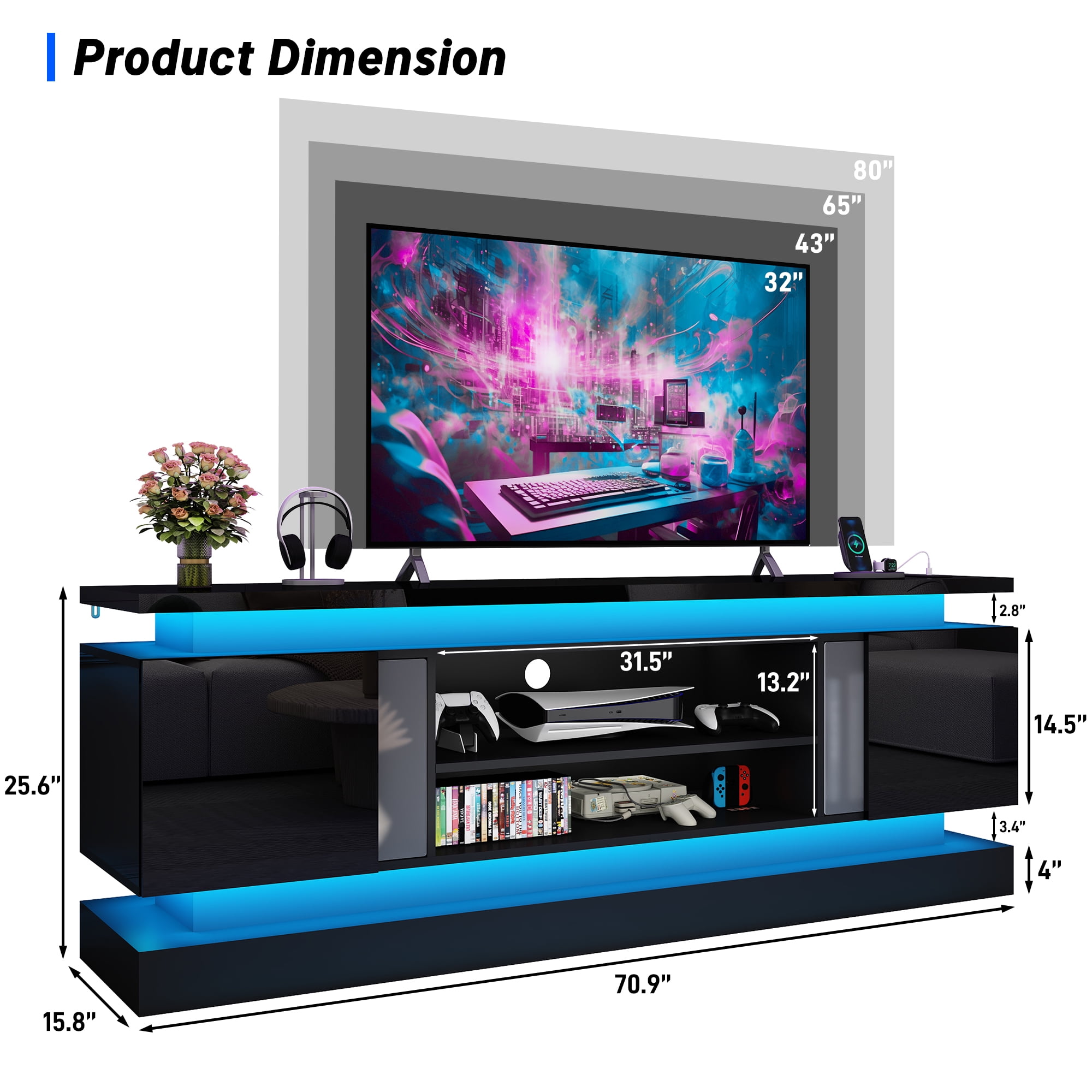 ChVans 71" LED TV Stand for TVs up to 85" with Power Outlets, High Gloss Surface, 2 Storage Cabinet, Modern Style, TV Media Console with Storage, Black