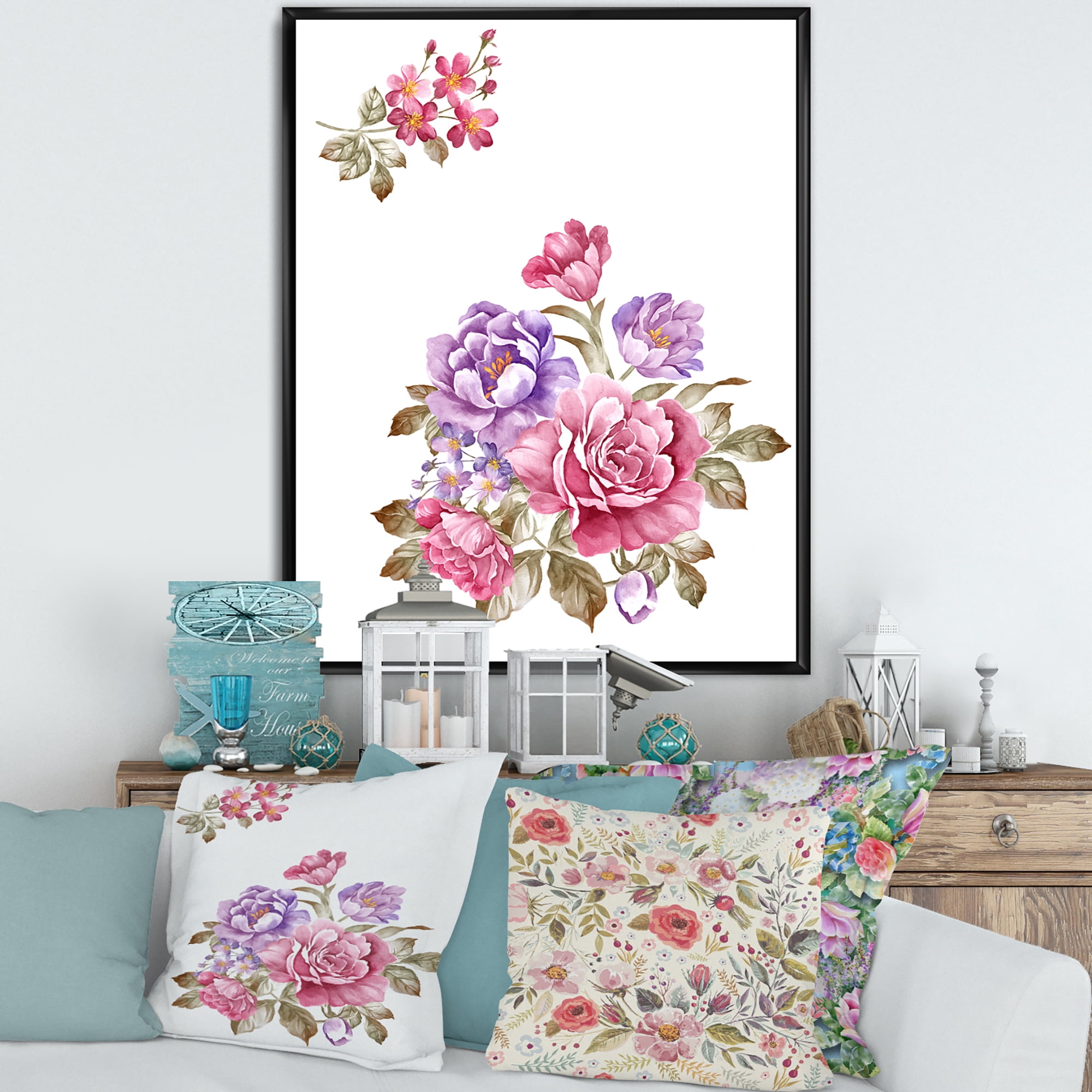 Designart 'Bouquet of Purple and Pink Flowers I' Farmhouse Framed Canvas Wall Art Print