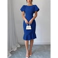 thumbnail image 6 of Royal Blue Women Solid Color Round Neck Petal Sleeve Ruffle Hem Midi Dress, 6 of 6