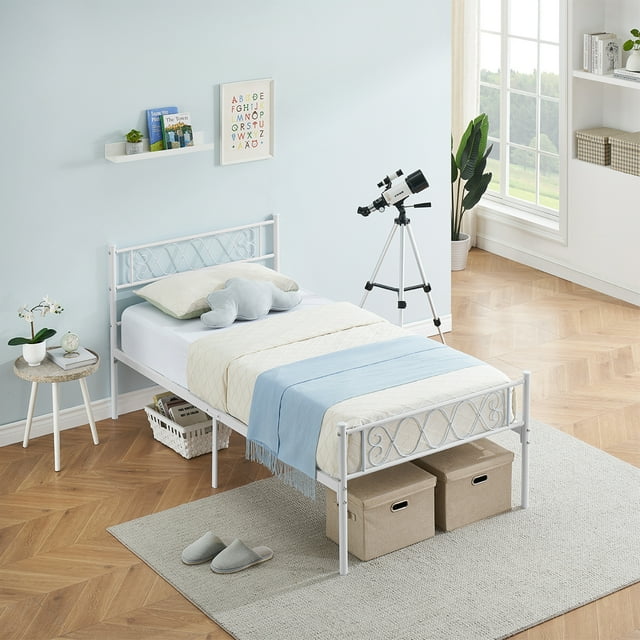 Cadre de Lit en Métal en Forme de Cœur - Lit Plateforme Format Simple pour Filles et Garçons - Structure en Métal Robuste - Rangement sous le Lit - Aucun Sommier Requis - Assemblage Facile - Rose