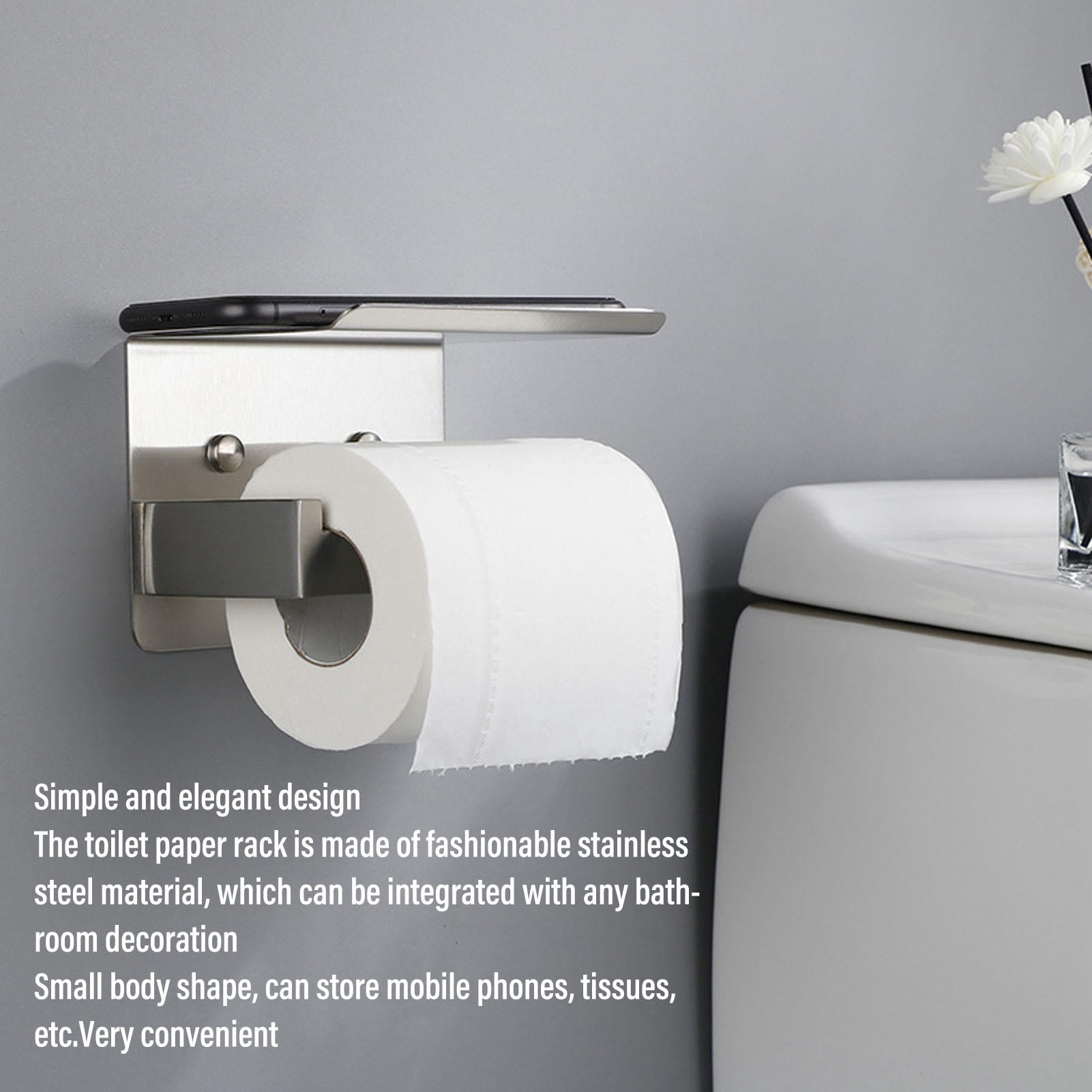Suodoka Stainless Steel Toilet Paper Holder with Shelf – Rust‑Resistant, Easy Install, Mobile Phone Storage, Elegant Design