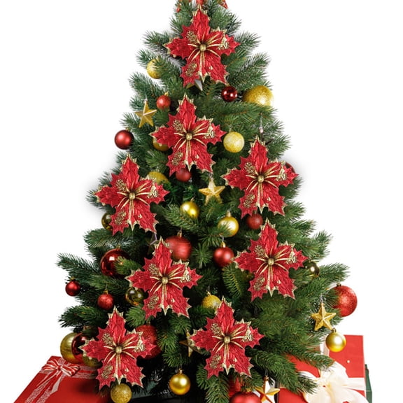 EZPXFCI 5 Inch Heads Christmas Glitter Poinsettia Flowers Picks Christmas Tree Ornaments, Artificial Flowers with Clips for Xmas Tree Party DIY Holiday Decorations