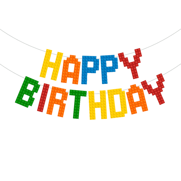 Happy Birthday Banner, Building Brick Block Theme, Multicolor Party Decoration, Kids Birthday Garland