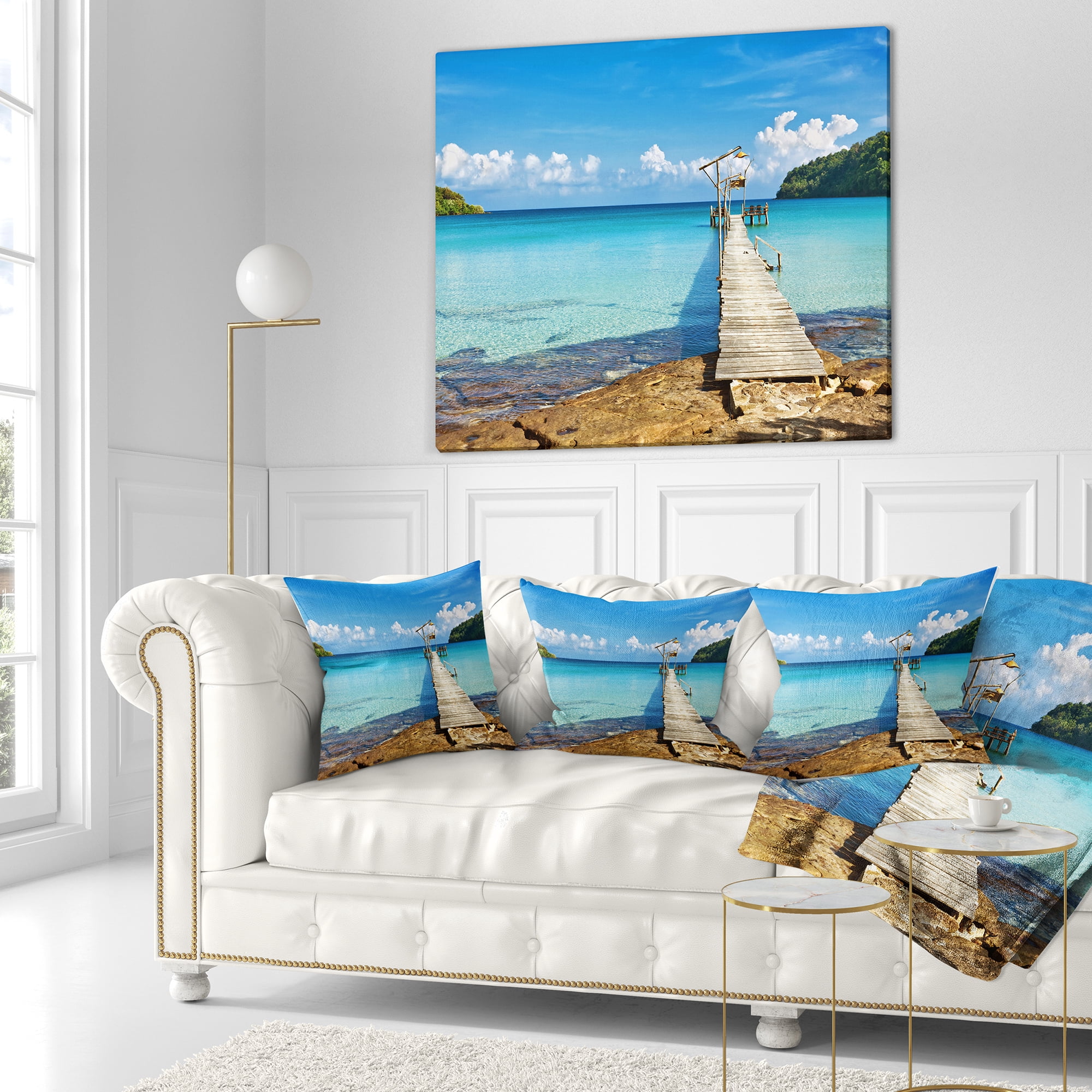Designart Old Wooden Pier in Sea - Seascape Throw Pillow - 18x18