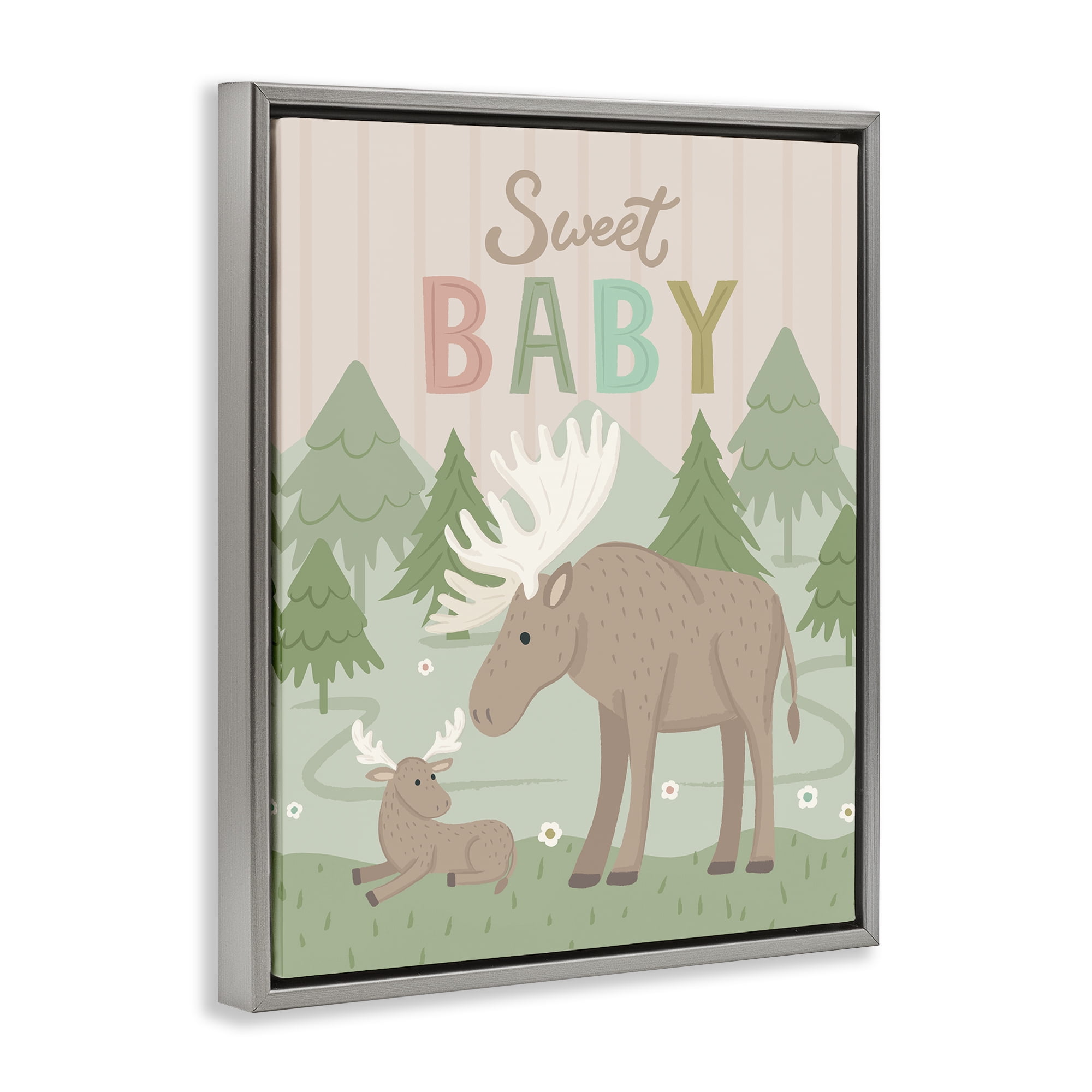 Stupell Industries Sweet Baby Wild Moose Animals Painting Gray Floater Framed Canvas Art Print Wall Art, 17 x 21