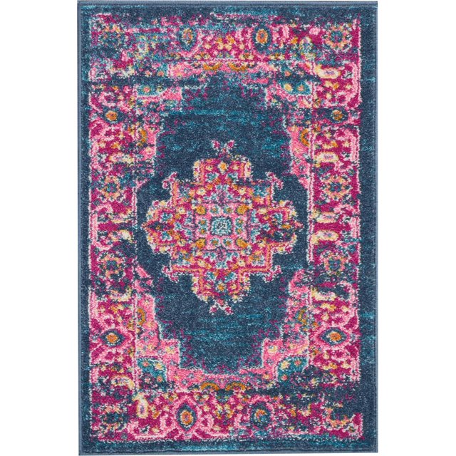 homeroots home decor 385251 2’ x 3’ Blue and Pink Medallion Scatter Rug