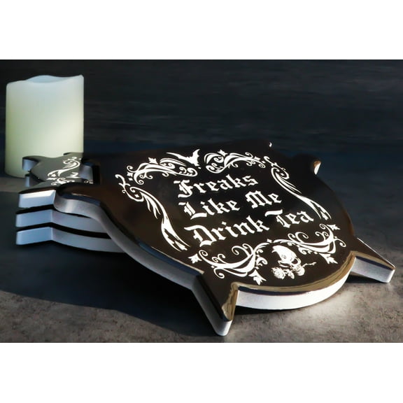 Set Of 4 Wicca Occult Freaks Bat Skull With Rose Cauldron Ceramic Cork Coasters