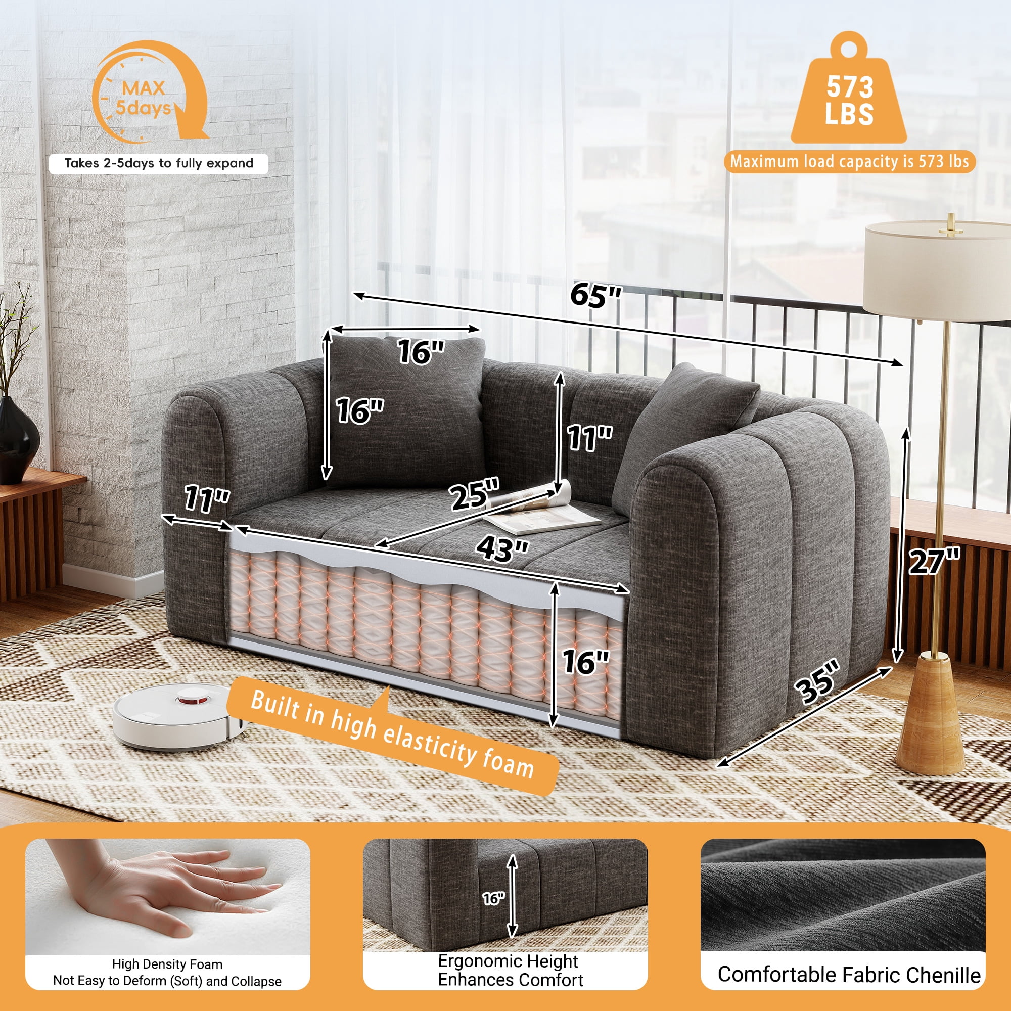 Meeyar Loveseat Sofa with 2 Cushions, 65" Modern Bubble Couch 2 Seater for Living Room, Charcoal Black