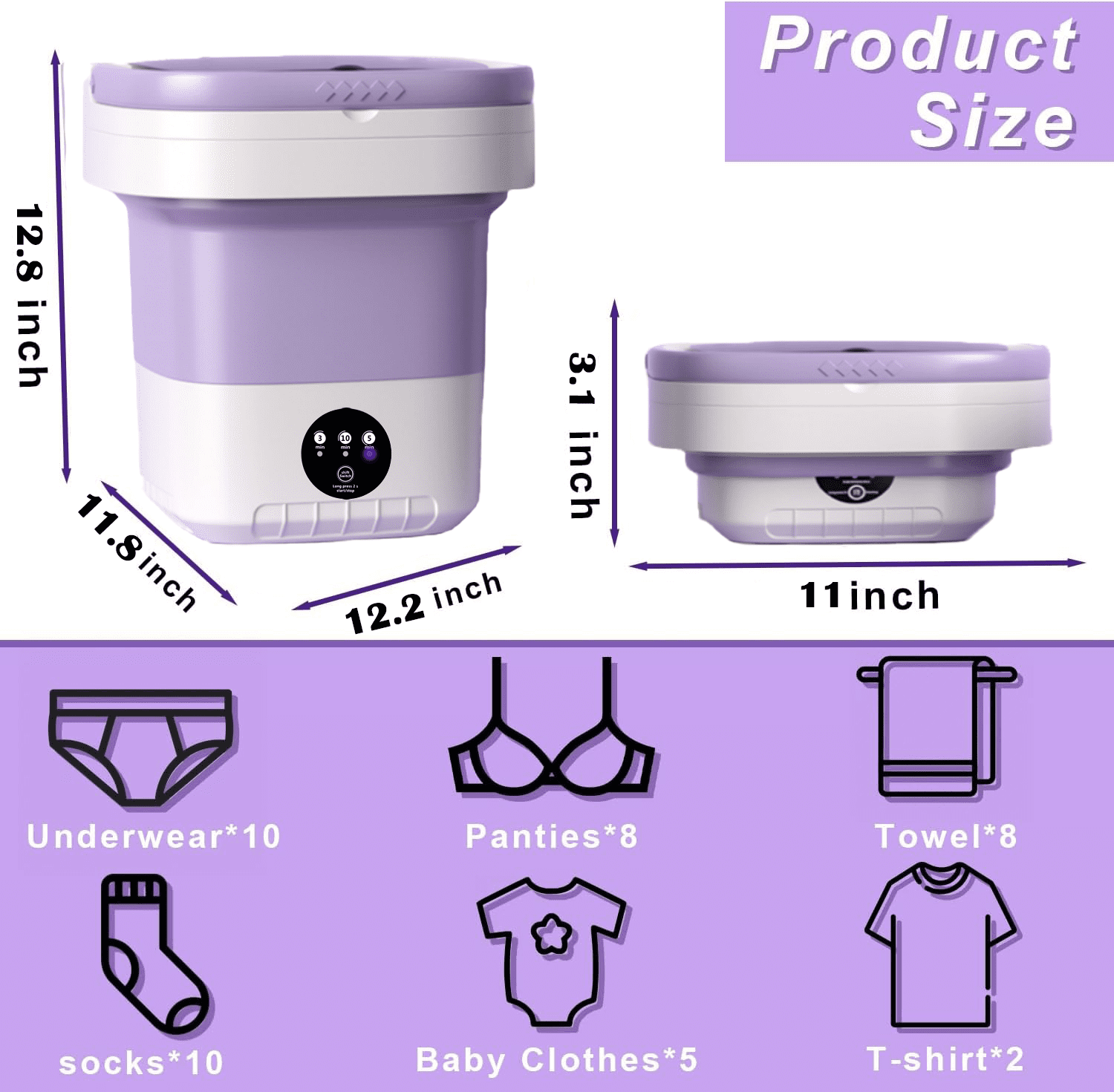 Mini Folding Washing Machine Portable For Clothes With Dryer Bucket Travel Wash 12L (Purple)