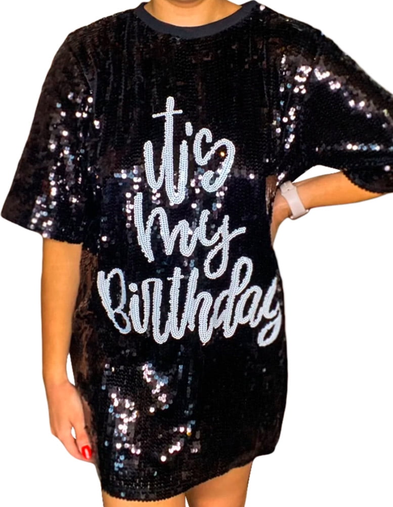 2Chique Boutique Women's It's My Birthday Sequin T Shirt Dress Black One Size Sequin on One Side