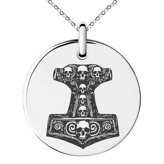 Tioneer Stainless Steel Mjolnir Thor's Black Skull Hammer Engraved Small Medallion Circle Charm Pendant Necklace