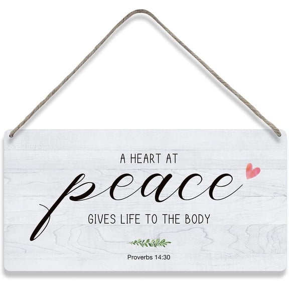 Country Style Bible Verse Wall Decor a Heart at Peace Gives Life to the Body Scripture Wooden Signs Rustic Hanging Wall Plaque Sign Religious Home Decor Present 10x5 Inch