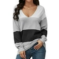 thumbnail image 1 of Women Striped Print Color Block Deep V Neck Long Sleeve Knitted Shirt, 1 of 5