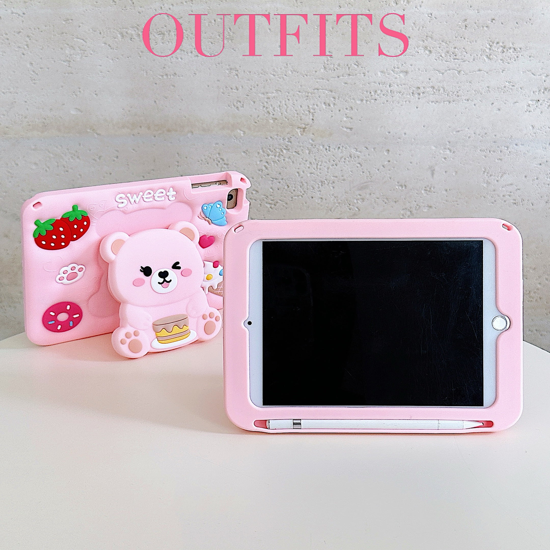Dteck for iPad mini 5/4/3 Generation 7.9" Case with Pencil Holder, Soft Silicone Cute Cartoon for 7.9 Inch iPad mini with Shoulder Strap Foldable Stand for Kids Boys Girls,Pink Bear