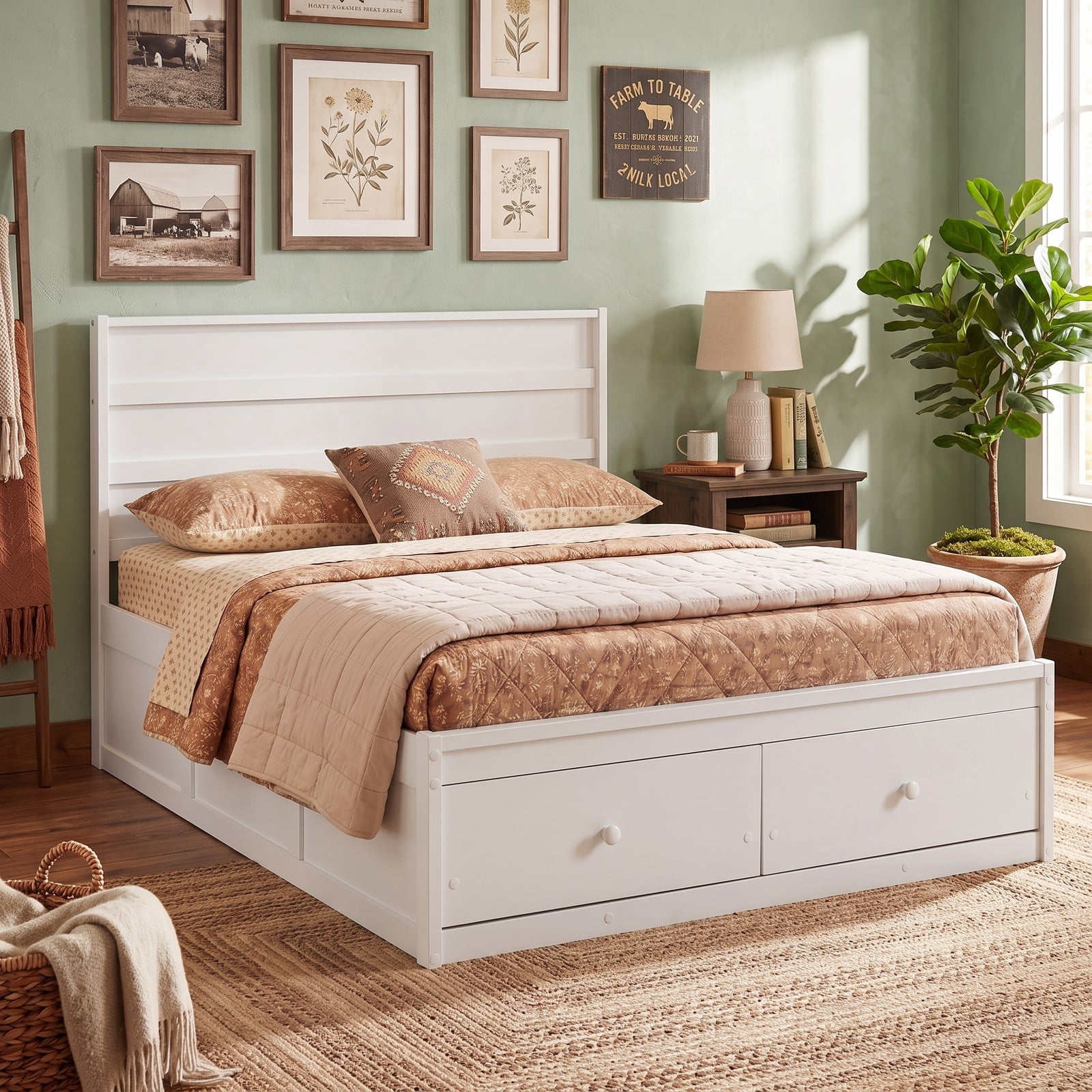 Furnibear Full Size Bed Frame with 2 Storage Drawers, Wood Platform Bed Frame with Plank Headboard for Bedroom and Guest Room, White