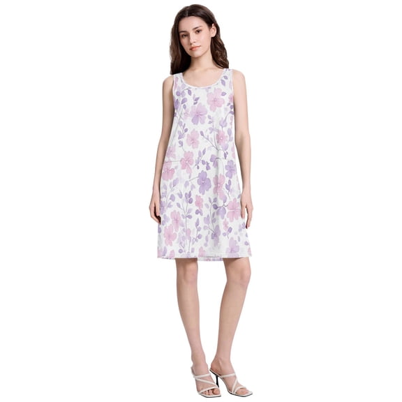Women's Casual Sleeveless All Over Print Dress Loose A Line Flowy Dresses with Pockets Colorful Pink Beautiful Flowers S