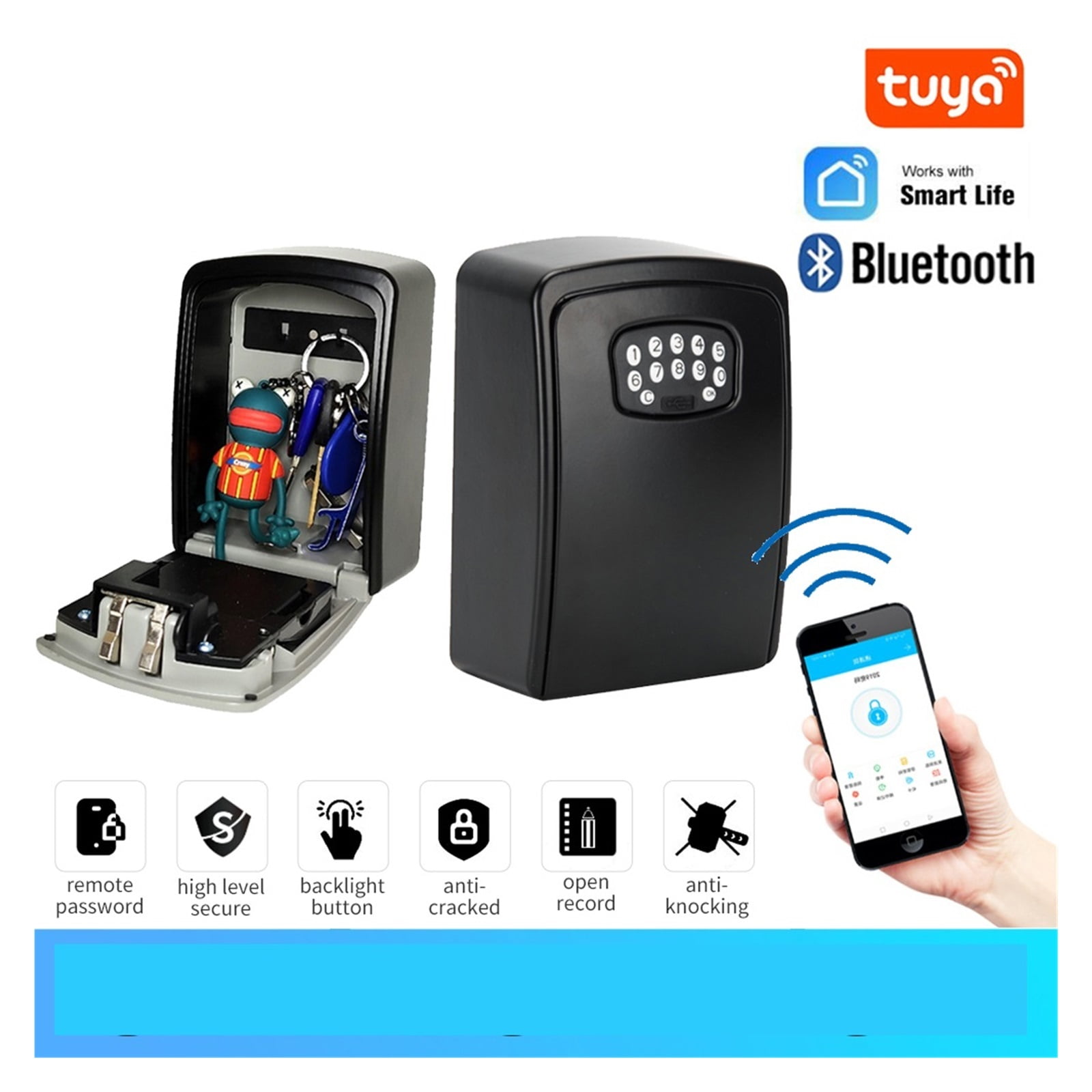 Tuya Smart Home Key Storage Secret Box APP Unlock Security Code Lock Waterproof Wall Mount Key Safe Box ,Prevent Theft