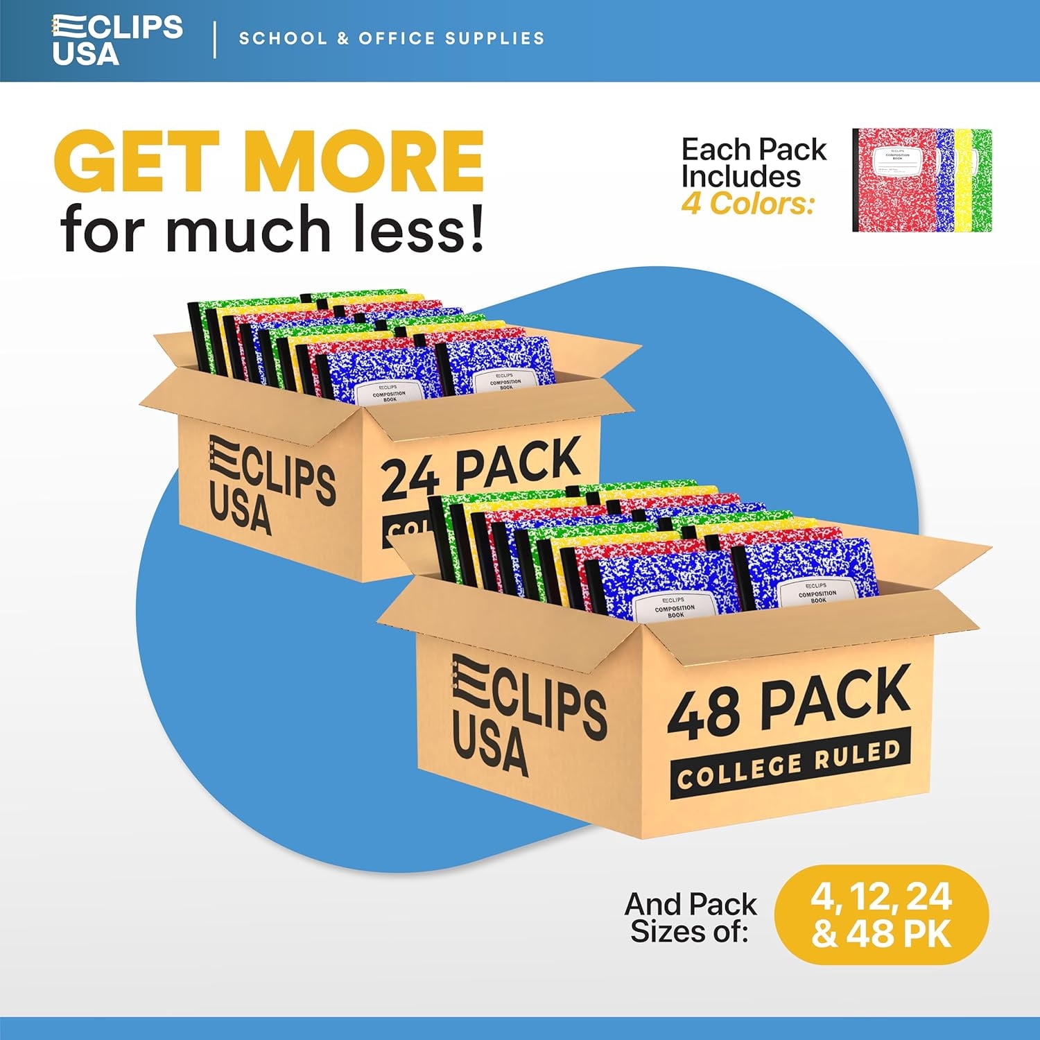 E-Clips USA 100-Sheet College-Ruled Hard Cover Composition Notebooks, Assorted Colors, 48-Pack Bulk