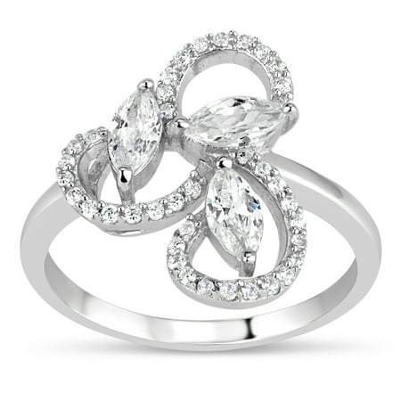 Sapphire Marquise Single Sterling Silver Rhodium Plated Created White Sapphire Marquis and Round Swirl Ring ()