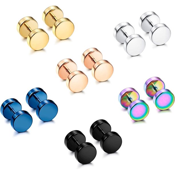 WONISOLI 6 Pairs Stainless Men Earrings Studs Ear Piercing Plugs Tunnel